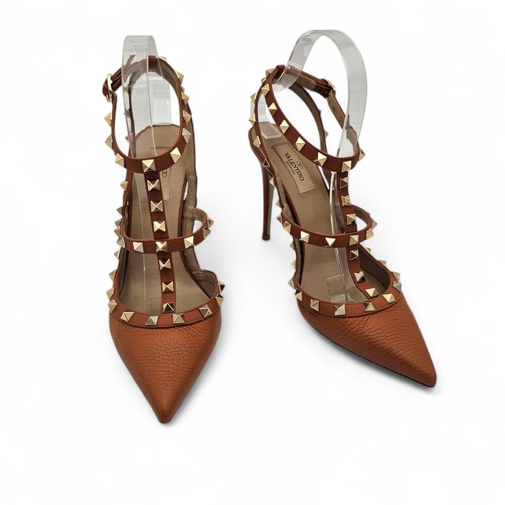 Valentino Garavani Rockstud Cage Heel Pump Cognac Brown Leather Size 40 US 10
